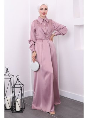 Pudra Yakası Düğmeli Çapraz Kuşaklı Saten Abiye Elbise