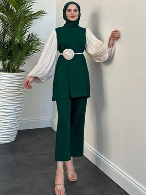 Samara Gül Detay Pantolon Takım Zümrüt