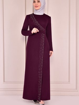 Taş Işlemeli Uzun Elbise Mürdüm