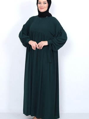 Yaka Fermuarlı Büzgülü Kol Bağcıklı Uzun Elbise