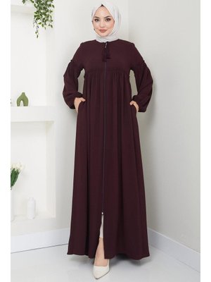 Bordo Yaka Bağcıklı Büzgülü Ferace Bordo Yaka Bağcıklı Büzgülü Ferace