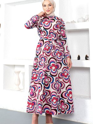 Manolya Desenli Beli Lastikli Elbise Pembe