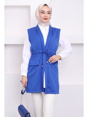 Saks Sahte Cepli Bel Bağlamalı Yelek Saks Sahte Cepli Bel Bağlamalı Yelek
