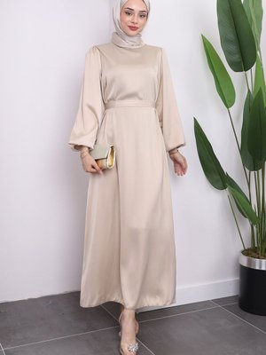 Bej Hakim Yaka Balon Kol Saten Abiye Elbise