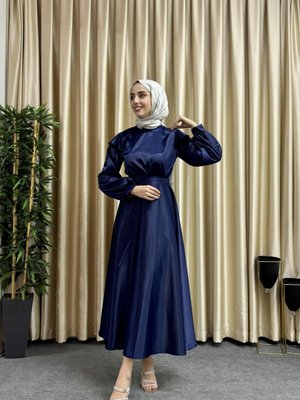 Lacivert Dora Saten Abiye Elbise