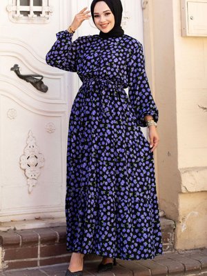 Küçük Gül Desenli Beli Kuşaklı Viskon Elbise Mor