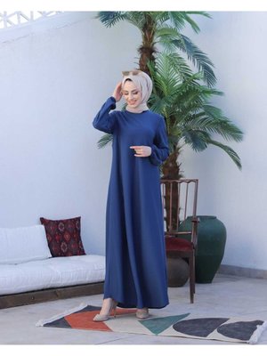 Basic Kol Ucu Lastikli Elbise İndigo