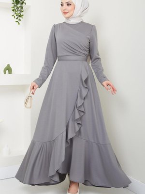 Eteği Fırfırlı Drapeli Elbise Gri Eteği Fırfırlı Drapeli Elbise Gri