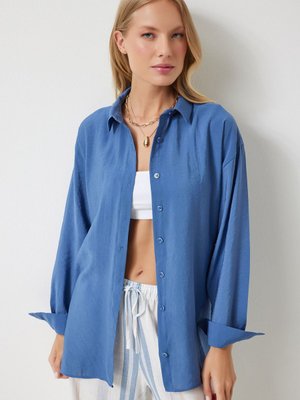İndigo Mavi Oversize Uzun Keten Ayrobin Gömlek İndigo Mavi Oversize Uzun Keten Ayrobin Gömlek