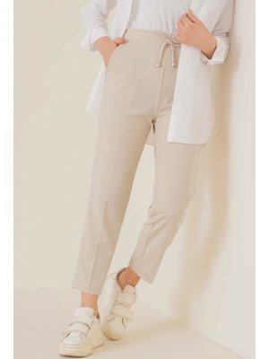 Taş Rengi İp Detaylı Beli Lastikli Bilekte Pantolon