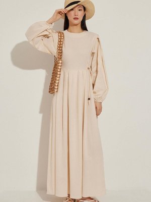 Yandan Bağlamalı Naturel Keten Elbise