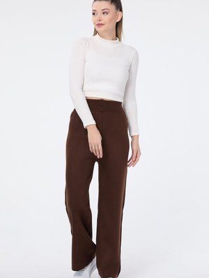 Düz Orta Kahverengi Triko Pantolon