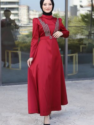 Kemer Detaylı Abiye Elbise Bordo