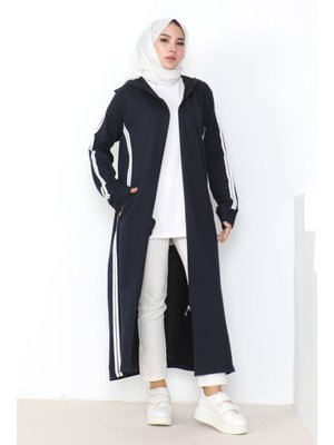 Lacivert Çift Şerit Detaylı Kap