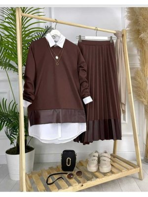 Scuba Krep Kumaş Kahverengi Etekli Alt Üst Takım