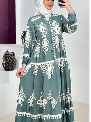 Etnik Desen Premium Kumaş Desenli Viskon Elbise