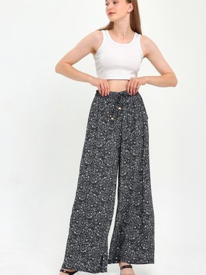 Beyaz Siyah Beli Lastikli Desenli Palazzo Pantolon Beyaz Siyah Beli Lastikli Desenli Palazzo Pantolon