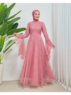 Yıldız Desen Kolları Asimetrik Tesetür Abiye Elbise