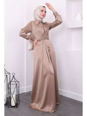 Vizon Yakası Düğmeli Çapraz Kuşaklı Saten Abiye Elbise