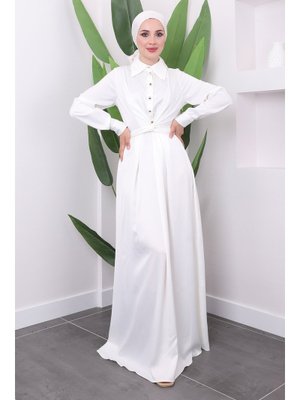 Beyaz Yakası Düğmeli Çapraz Kuşaklı Saten Abiye Elbise