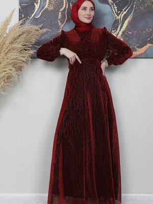 Dila İşlemeli Abiye Elbise Bordo