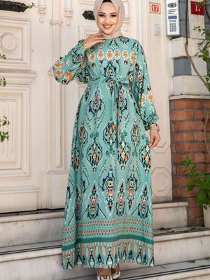 Etnik Desenli Beli Kuşaklı Viskon Elbise