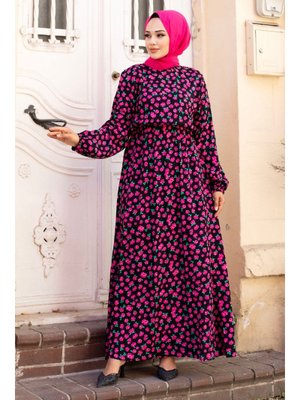 Pembe Beli Lastikli Küçük Gül Desenli Viskon Elbise