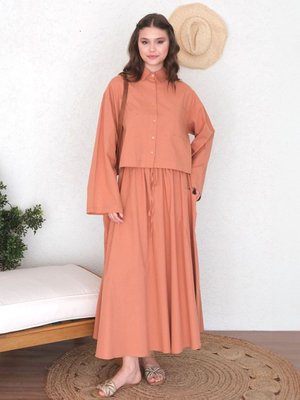 Turuncu Organik Keten Crop Gömlek & Cepli Etek