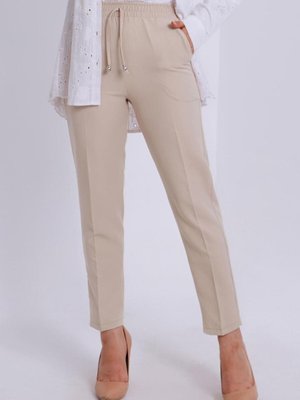 Bej Ip Detaylı Beli Lastikli Pantolon T