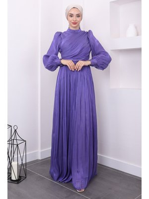 Mor Yaka Detaylı Balon Kol Abiye Elbise