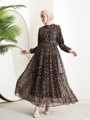 Kemerli Leopar Desenli Şifon Elbise Kemerli Leopar Desenli Şifon Elbise