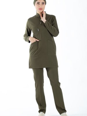 Haki Yeşili Ince Kumaş Likralı Hemşire Ve Doktor Forması Takımı