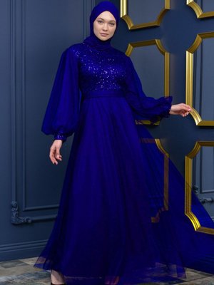 Balon Kol Tül Abiye Elbise Saks