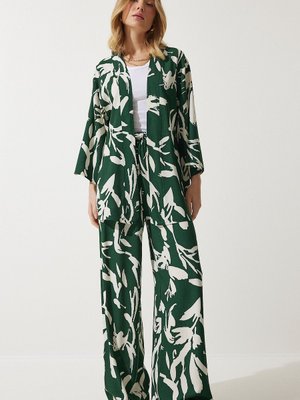 Yeşil Desenli Kimono Palazzo Pantolon Takım