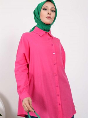 Fuşya Flamlı Keten Gömlek