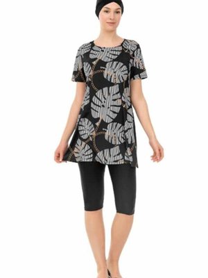 Siyah Yarı Likra Dijital Gül Desenli Mayo