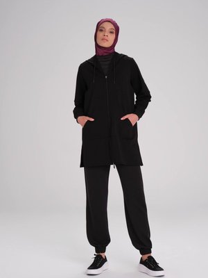 Yumuşak Dokulu Kapüşonlu Fermuarlı Siyah Basic Günlük Sweatshirt Act