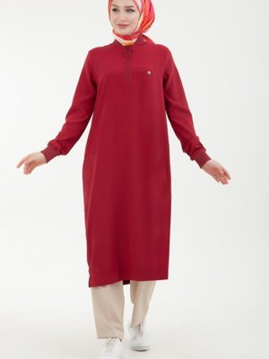 Ribanalı Fermuarlı Krep Kumaşlı Tunik Bordo