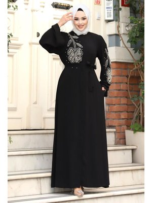 Papatya Desenli Boncuk İşlemeli Ferace