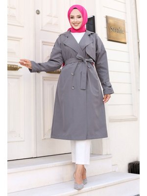 Gri Arkası Düğme Detaylı Kruvaze Yaka Trençkot