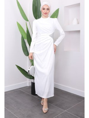 Beyaz Taş Detaylı Saten Abiye Elbise