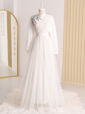 Önü Taş Detaylı Drapeli Kemerli Tül Abiye Elbise Önü Taş Detaylı Drapeli Kemerli Tül Abiye Elbise