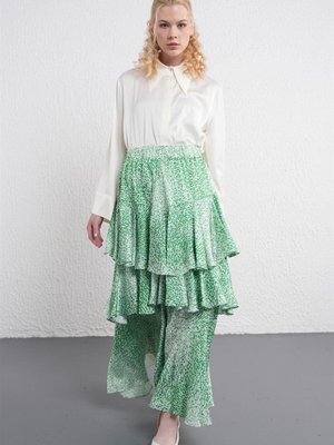 Beli Lastikli Fırfırlı Yeşil Etek