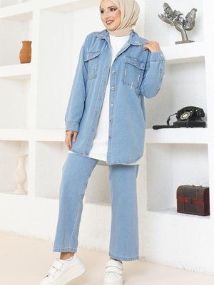Cepli Taş Detaylı Kot Takım Açık Mavi