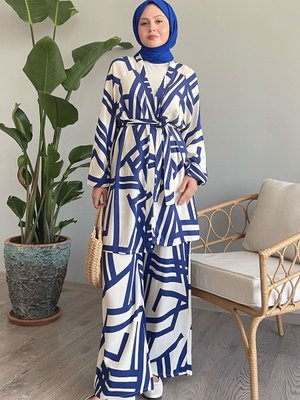 Şeritli İkili Mavi Viskon Takım