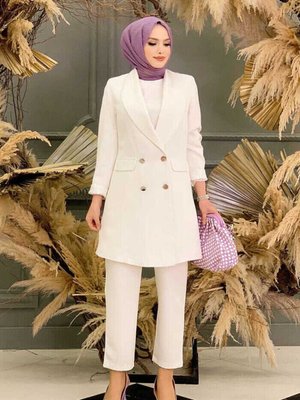 Cep Görünümlü Ön Düğme Detay Astarlı Ceket Ekru