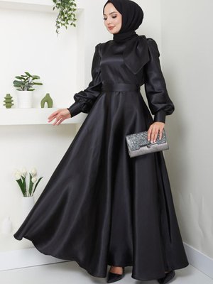 Saten Fiyonklu Uzun Tesettür Abiye Elbise