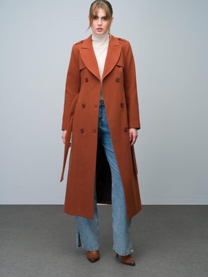 Pelerin Ve Apolet Detaylı Kruvaze Uzun Kaban Kiremit