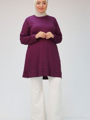 Mürdüm Büyük Beden Manşetli Penye Tunik