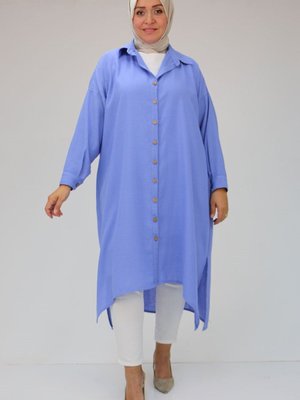 Mavi Büyük Beden Yanı Yırtmaçlı Keten Tunik